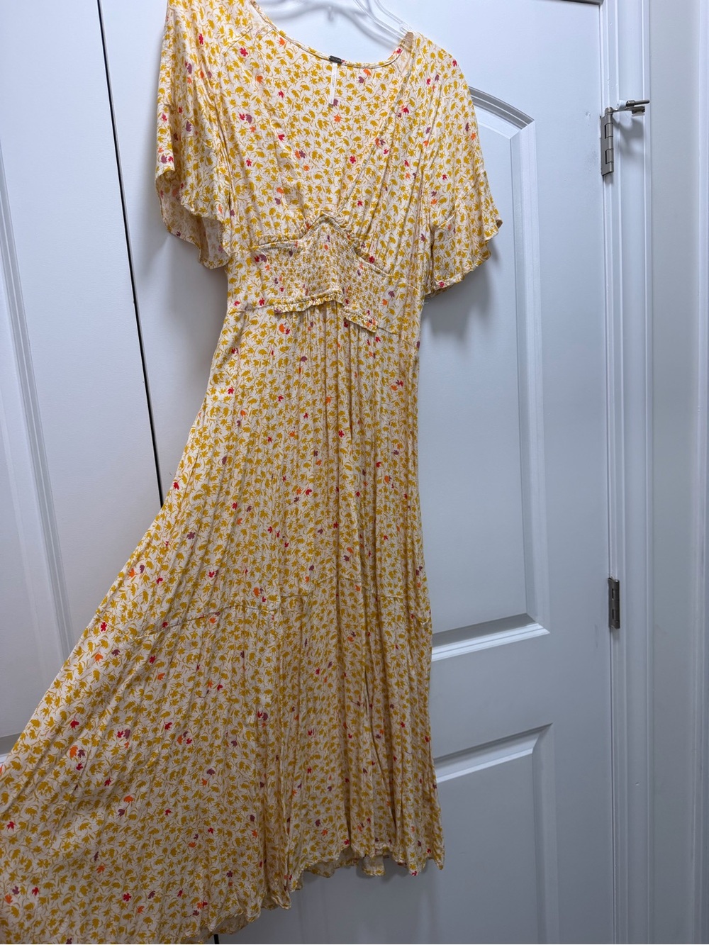 Free People Yellow Floral Midi Dress with Flutter Sleeves